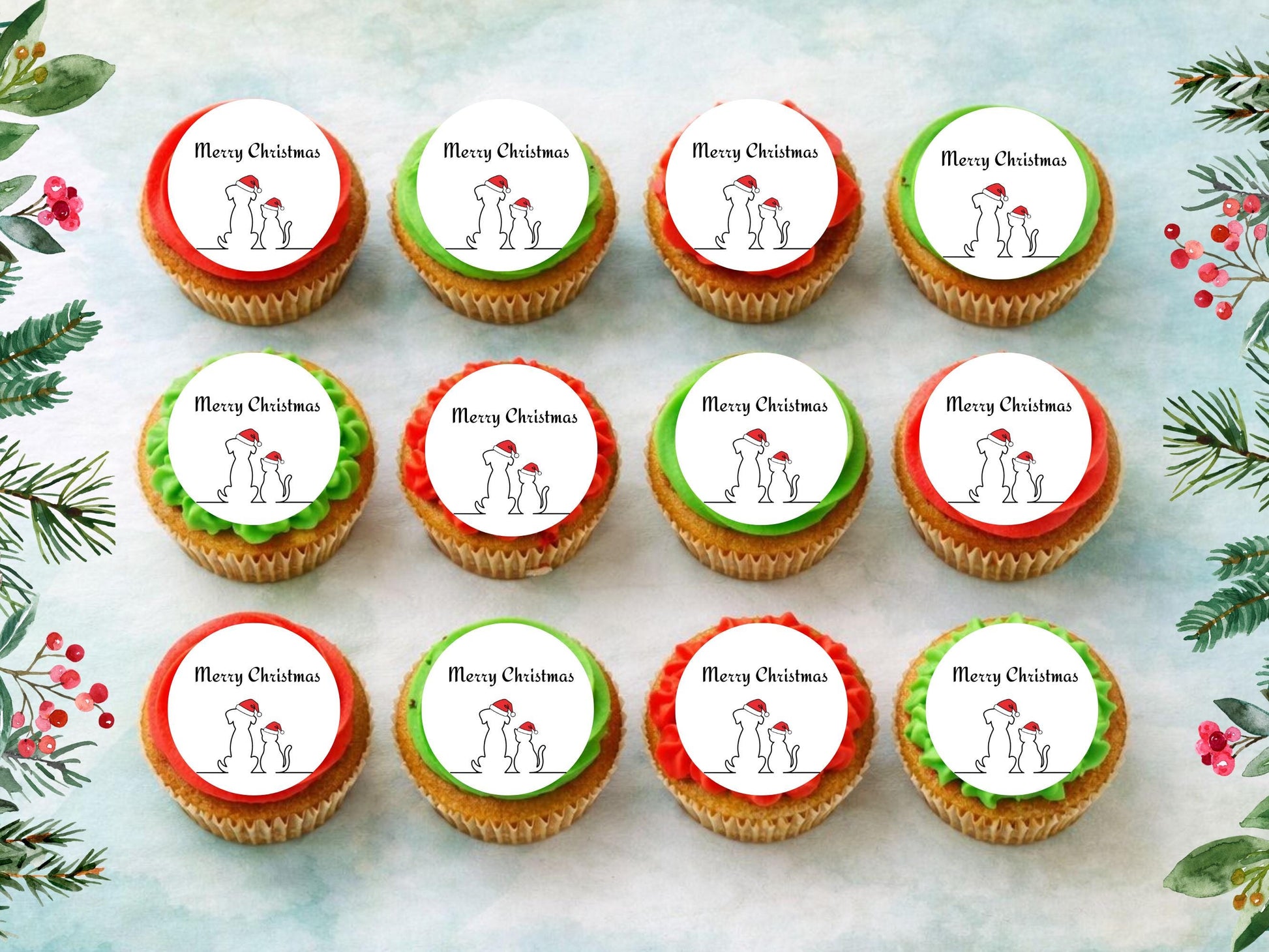 Dog and Cat Merry Christmas Edible Cupcake Toppers (2 inch)