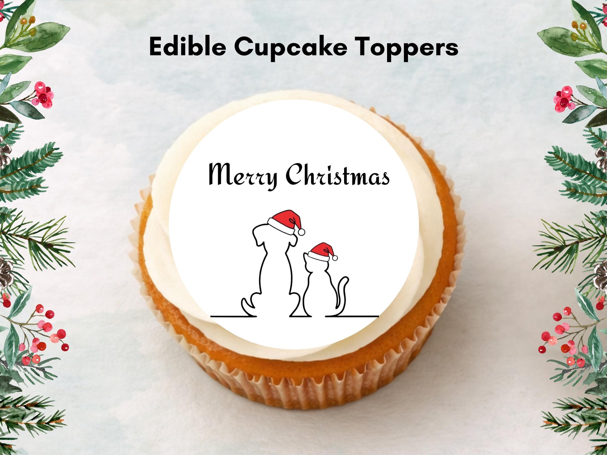 Dog and Cat Merry Christmas Edible Cupcake Toppers (2 inch)
