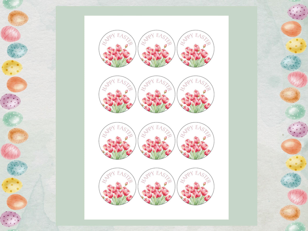 Happy Easter Edible Cupcake Toppers, Tulip Cupcake Decorations, Floral Easter Cake Toppers