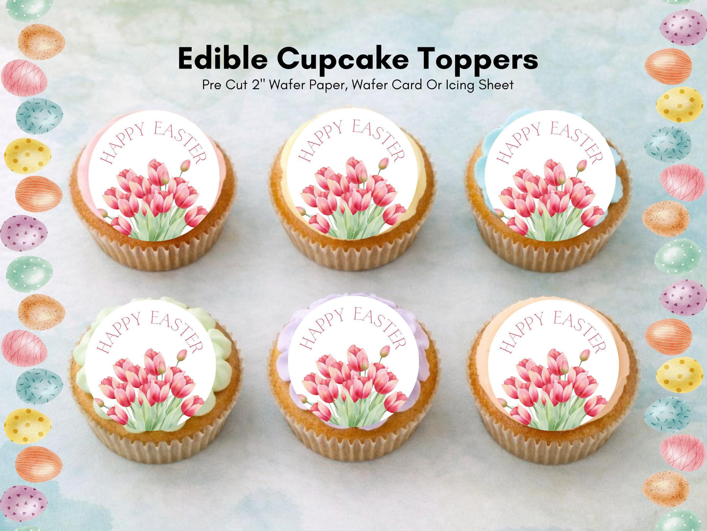 Happy Easter Edible Cupcake Toppers, Tulip Cupcake Decorations, Floral Easter Cake Toppers