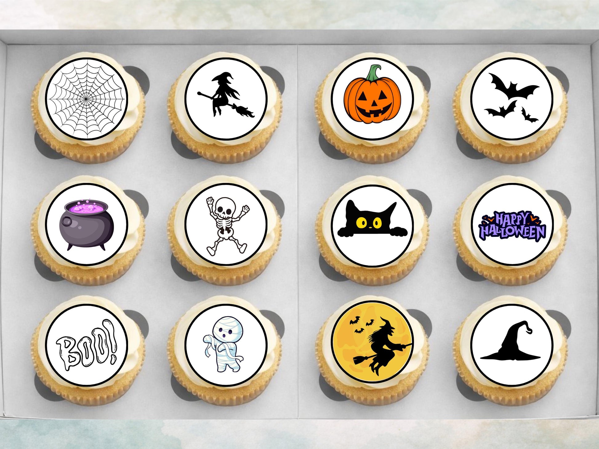 Halloween Cupcake Toppers – Spooky Witch, Pumpkin & Skeleton (Pre-Cut)