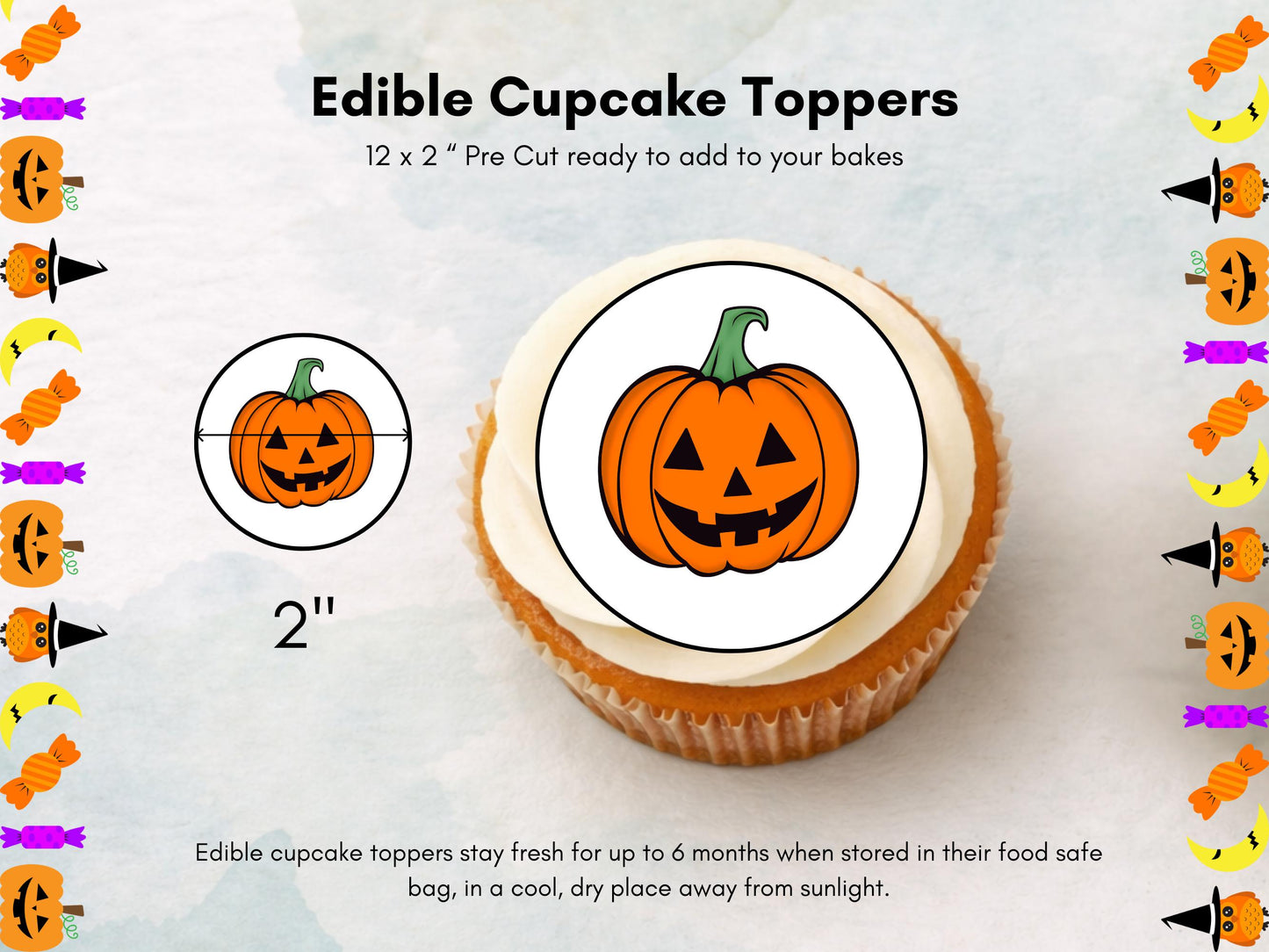 12 Pumpkin Halloween Edible Cupcake Toppers – Pre-cut, 2" (Wafer Paper, Card, Icing Sheet)