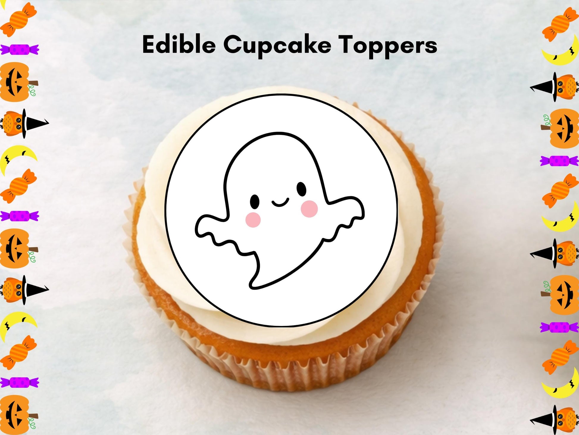 Cute Ghost Edible Cupcake Toppers 12 x 2" – Pre cut Wafer Paper, Card or Icing Sheet, Halloween Spooky Cake Decorations