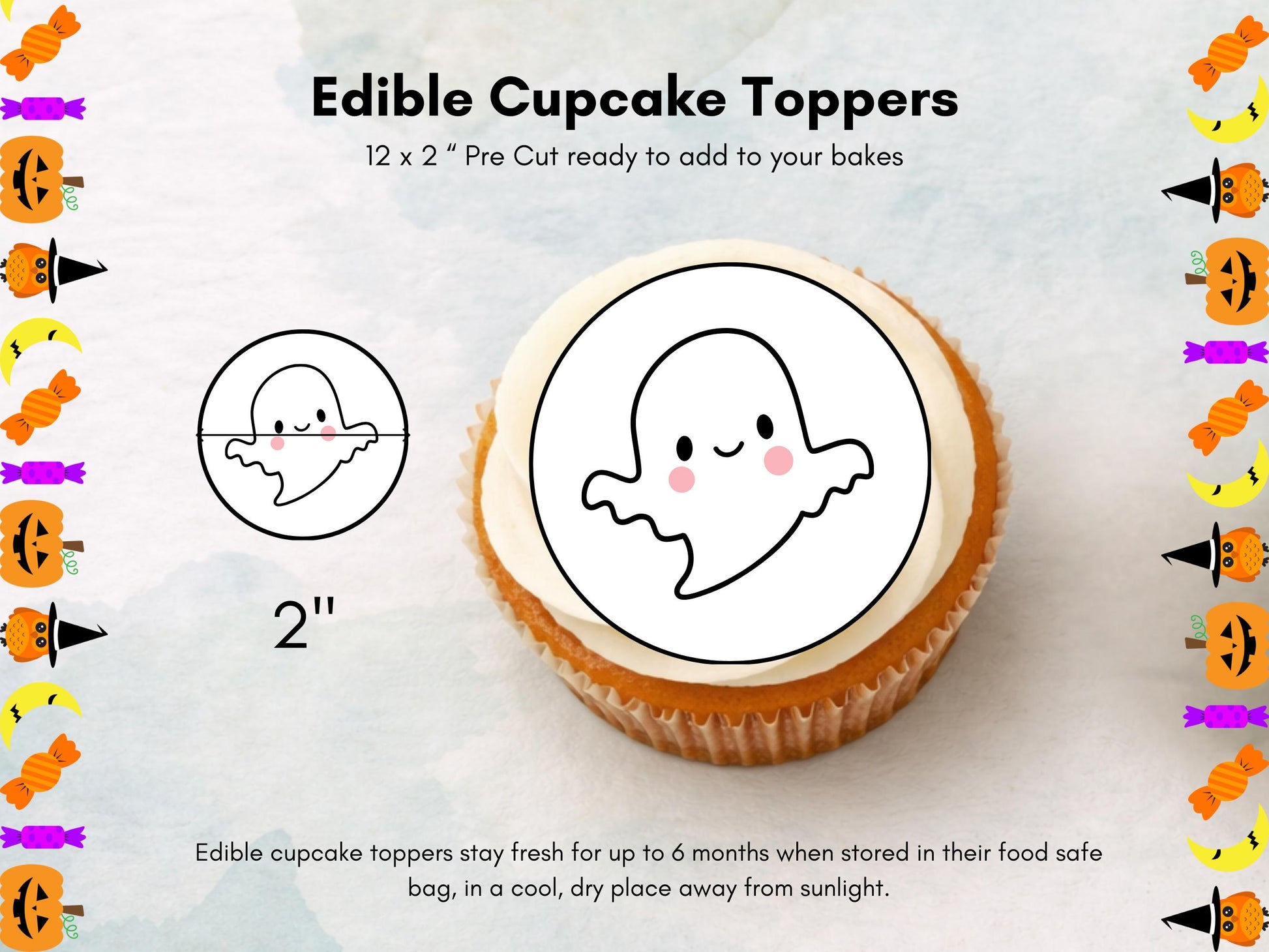 Cute Ghost Edible Cupcake Toppers 12 x 2" – Pre cut Wafer Paper, Card or Icing Sheet, Halloween Spooky Cake Decorations