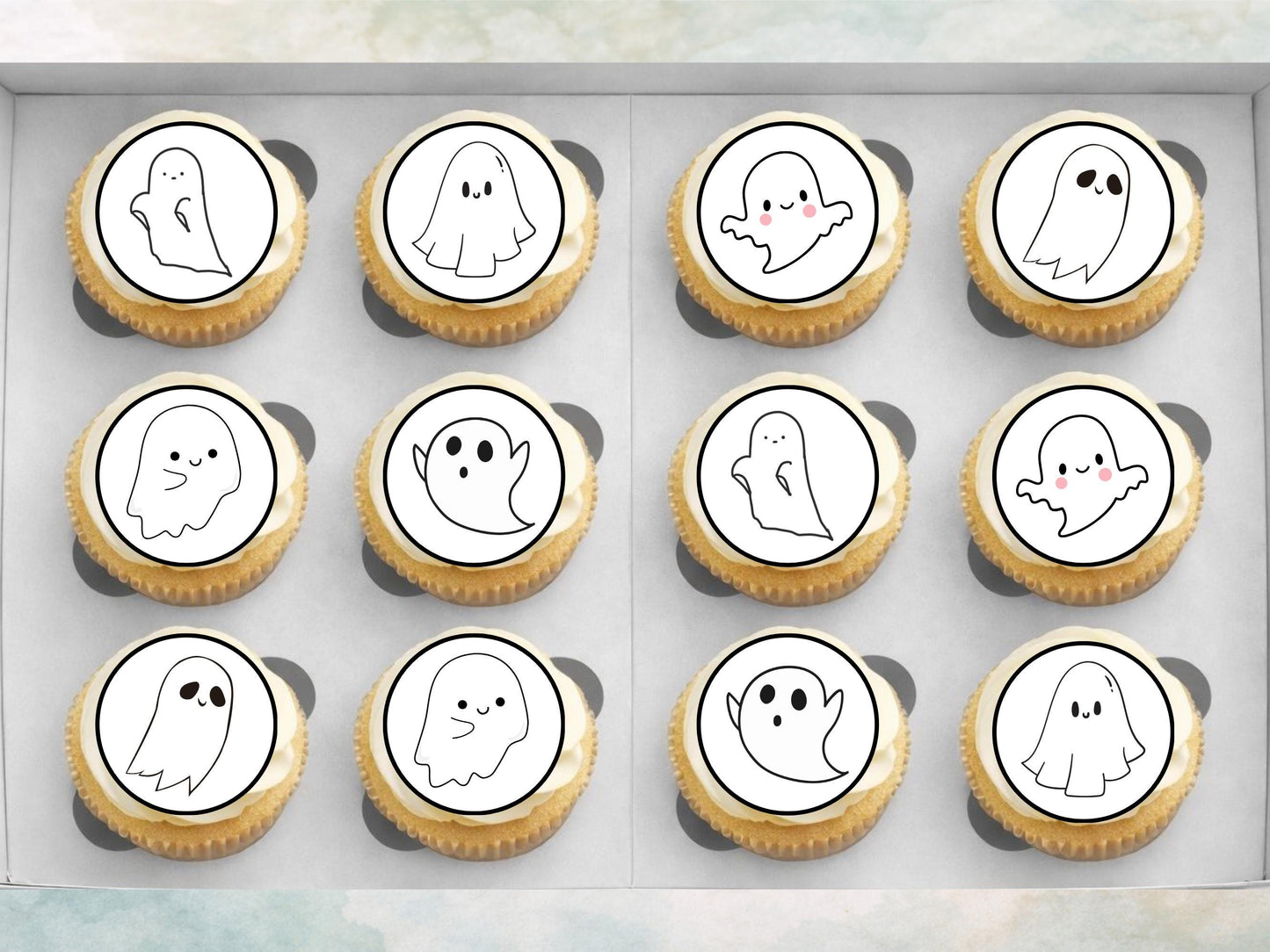 Cute Ghost Edible Cupcake Toppers 12 x 2" – Pre cut Wafer Paper, Card or Icing Sheet, Halloween Spooky Cake Decorations