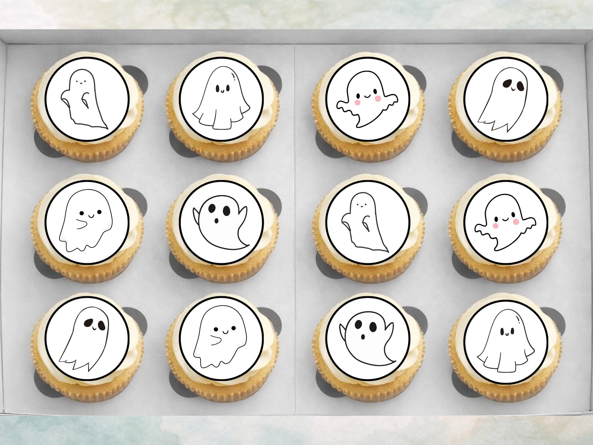 Cute Ghost Edible Cupcake Toppers 12 x 2" – Pre cut Wafer Paper, Card or Icing Sheet, Halloween Spooky Cake Decorations