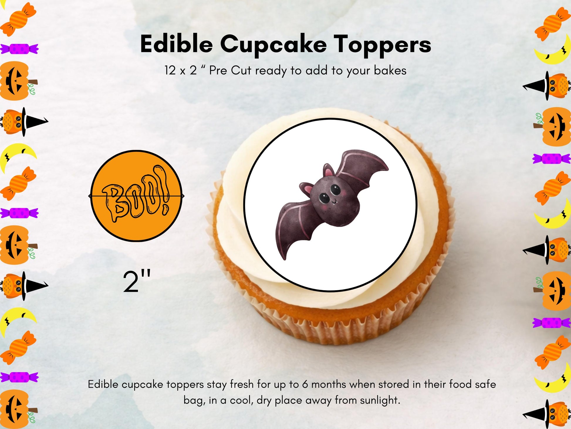 Halloween Edible Cupcake Toppers – Witch, Pumpkin, Bat (Wafer Paper, Card, Icing)