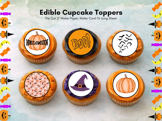 Halloween Edible Cupcake Toppers – Witch, Pumpkin, Bat (Wafer Paper, Card, Icing)