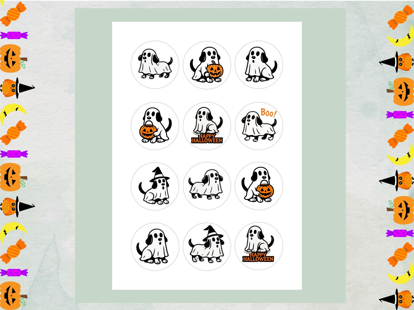 Ghost Dog Halloween Cupcake Toppers – Edible Wafer Paper, Card, Icing Sheet