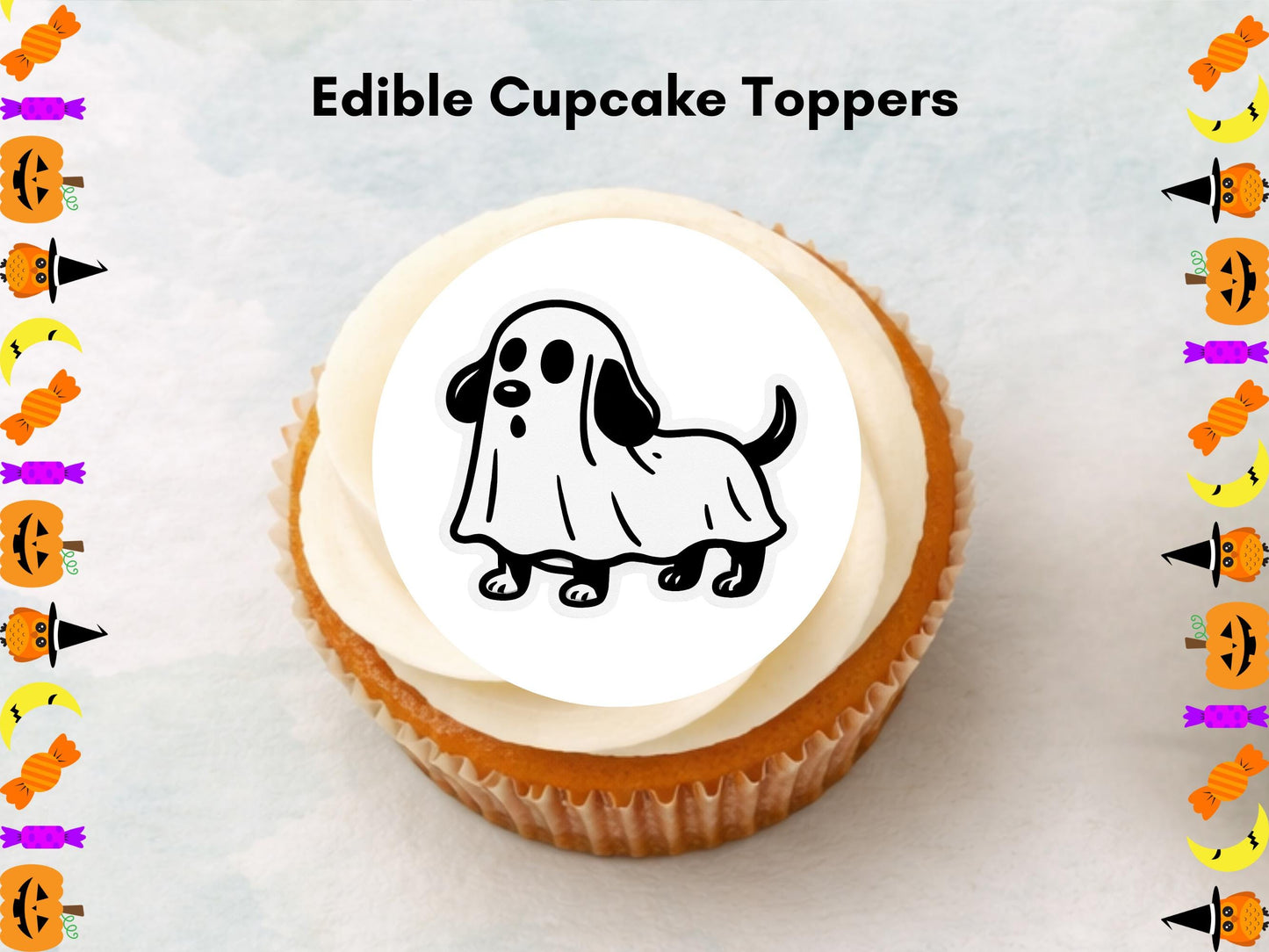 Ghost Dog Halloween Cupcake Toppers – Edible Wafer Paper, Card, Icing Sheet