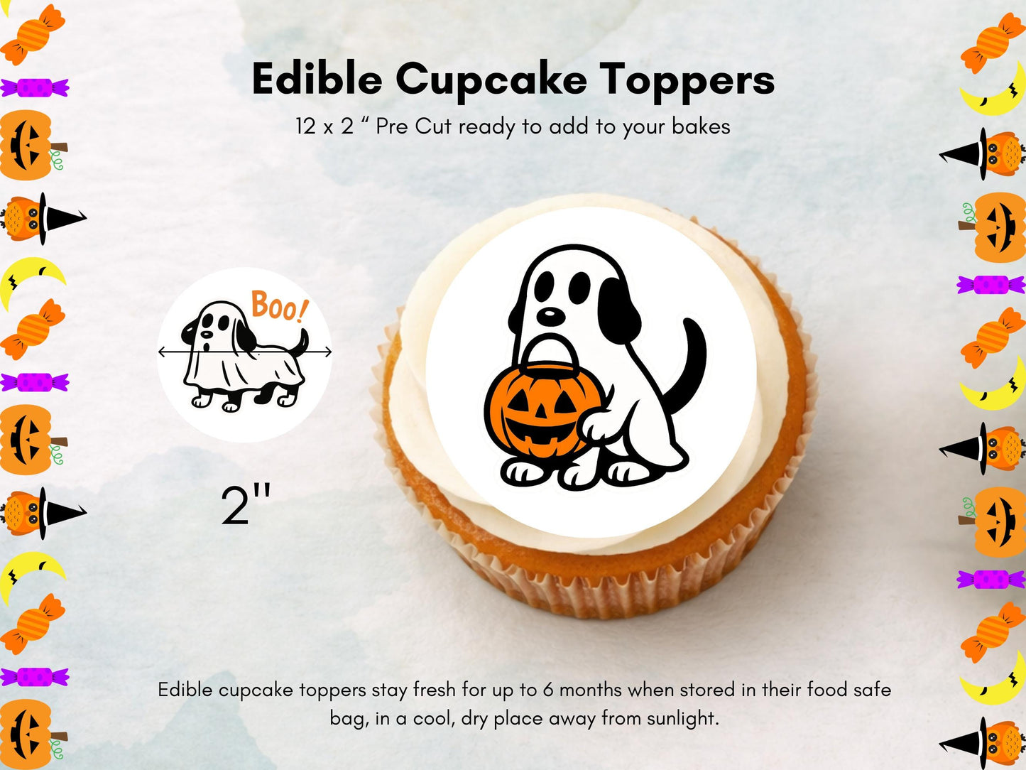 Ghost Dog Halloween Cupcake Toppers – Edible Wafer Paper, Card, Icing Sheet