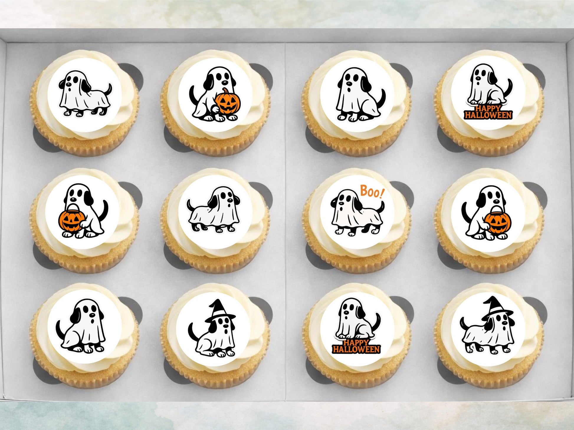 Ghost Dog Halloween Cupcake Toppers – Edible Wafer Paper, Card, Icing Sheet