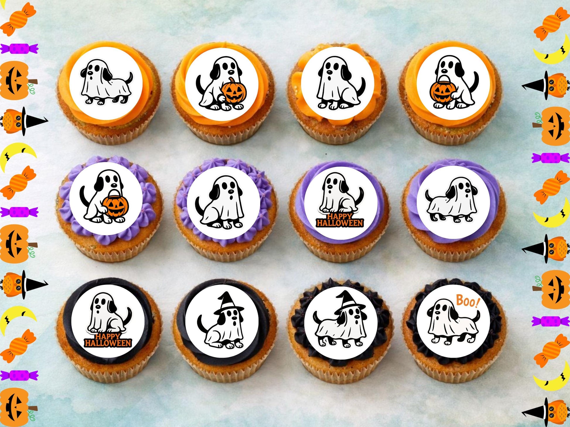 Ghost Dog Halloween Cupcake Toppers – Edible Wafer Paper, Card, Icing Sheet