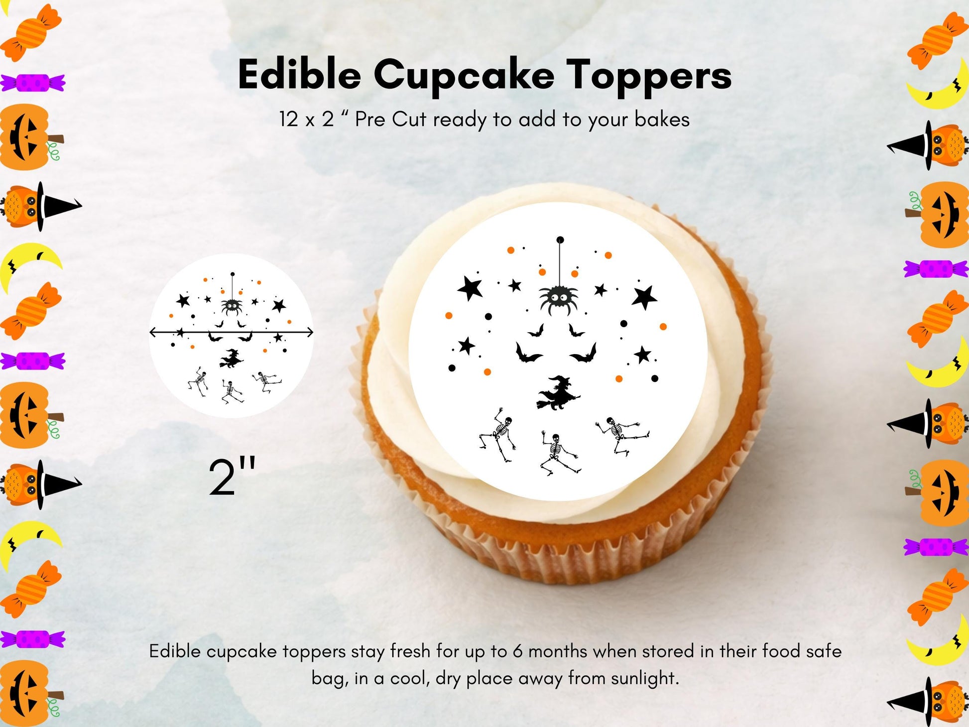 Spooky Halloween Edible Cupcake Toppers – 2" Wafer Paper, Card, or Icing Sheet