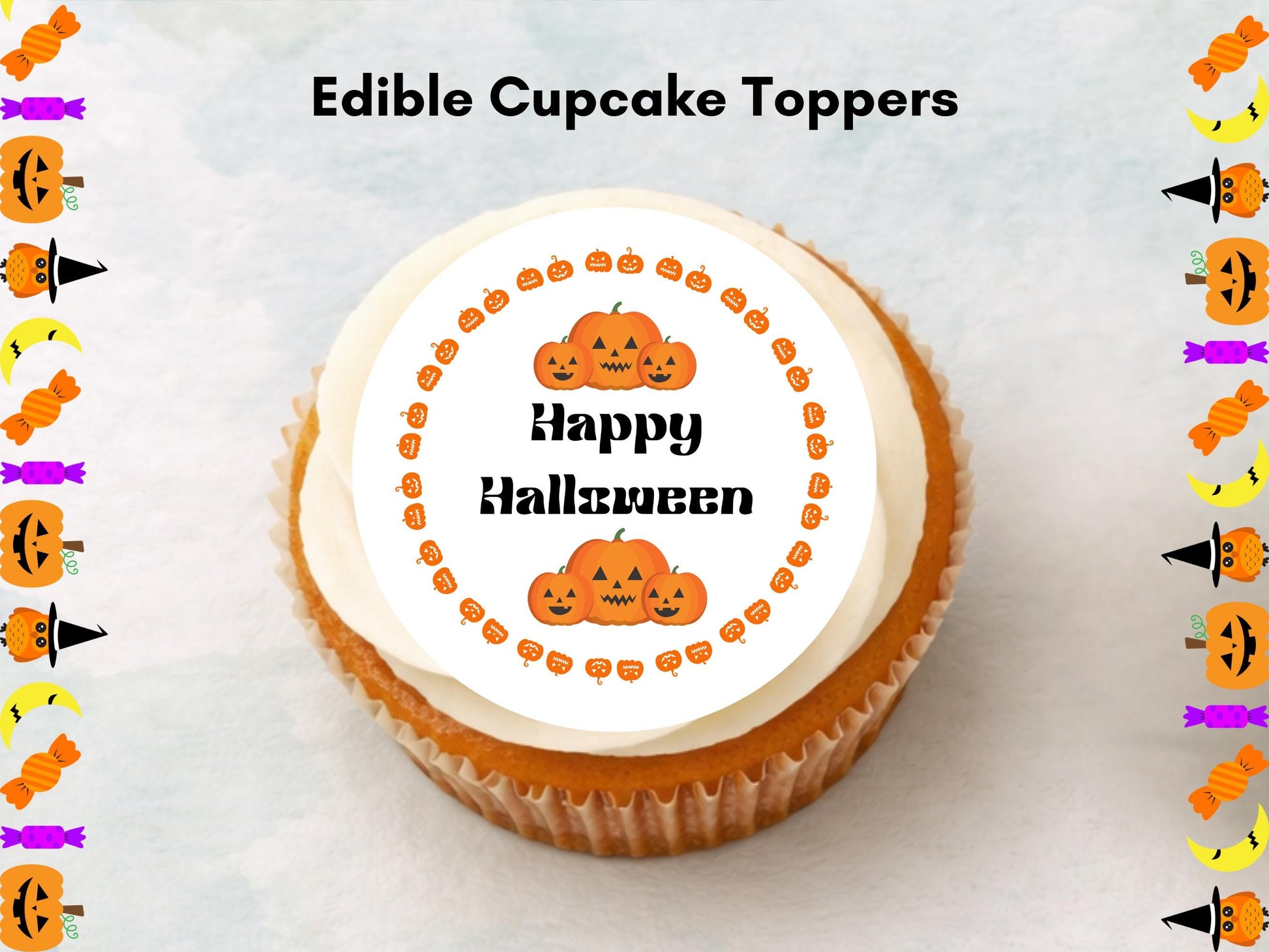 Pumpkin Edible Cupcake Toppers 12 x 2" – Pre cut Wafer Paper, Card or Icing Sheet, Happy Halloween