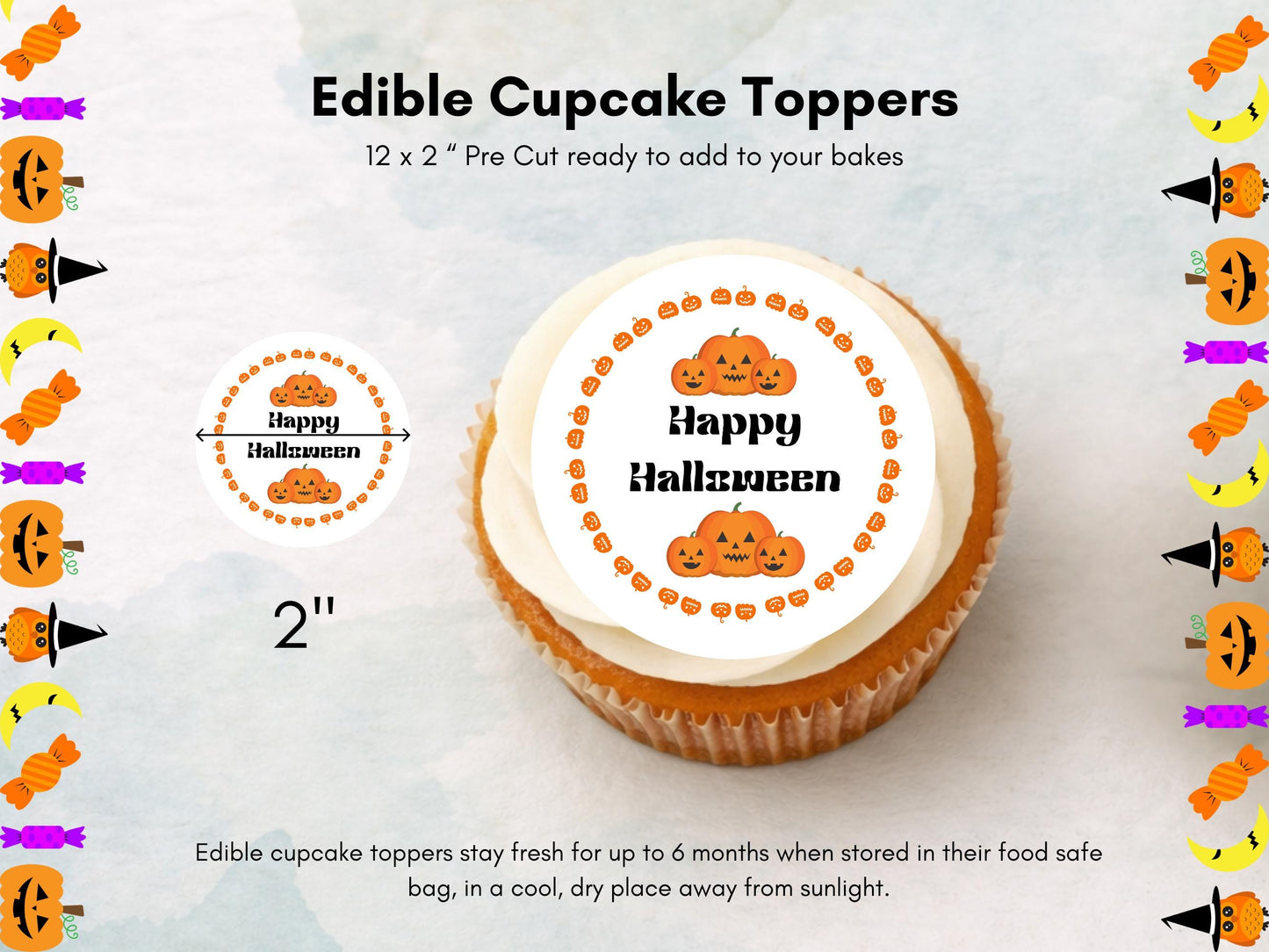Pumpkin Edible Cupcake Toppers 12 x 2" – Pre cut Wafer Paper, Card or Icing Sheet, Happy Halloween