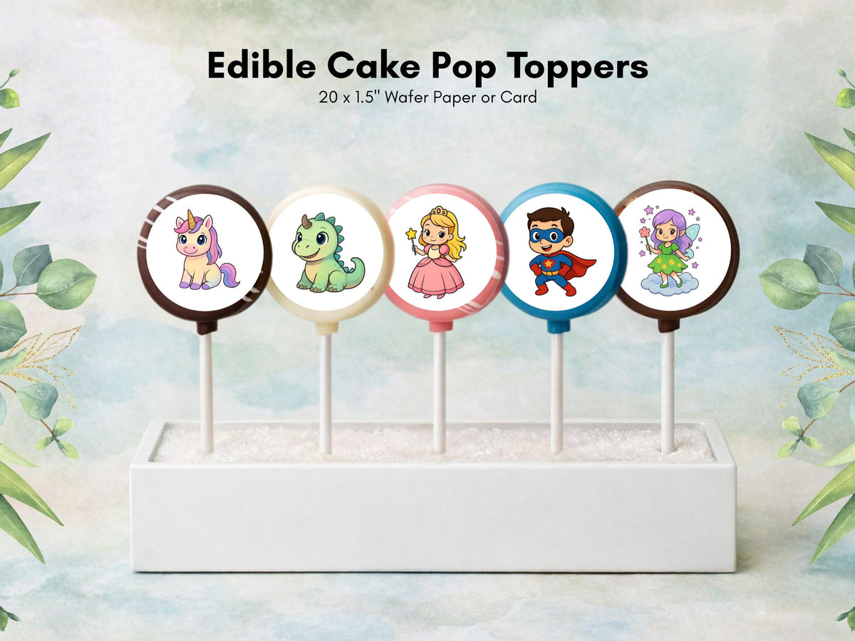 Unicorn Dinosaur Princess Superhero Edible Cake Pop Toppers, 20 x 1.5" Wafer Paper