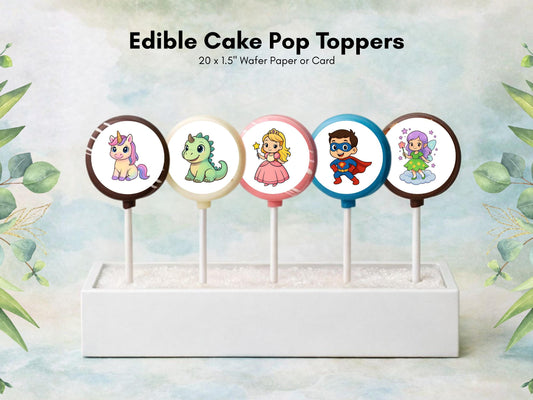 Unicorn Dinosaur Princess Superhero Edible Cake Pop Toppers, 20 x 1.5" Wafer Paper