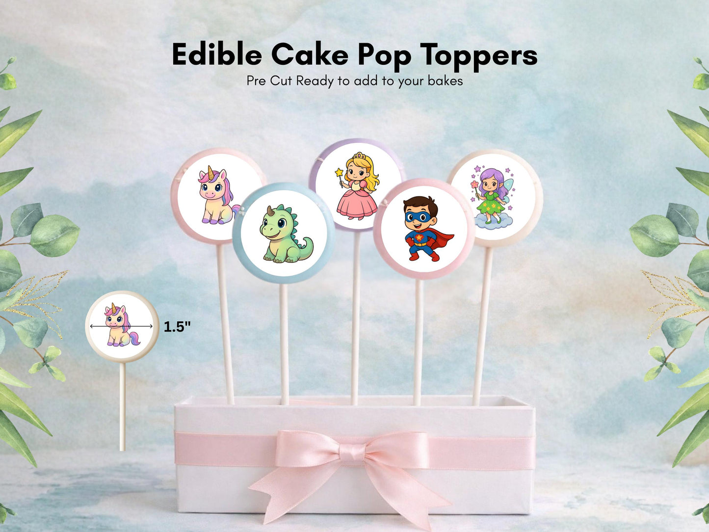 Unicorn Dinosaur Princess Superhero Edible Cake Pop Toppers, 20 x 1.5" Wafer Paper