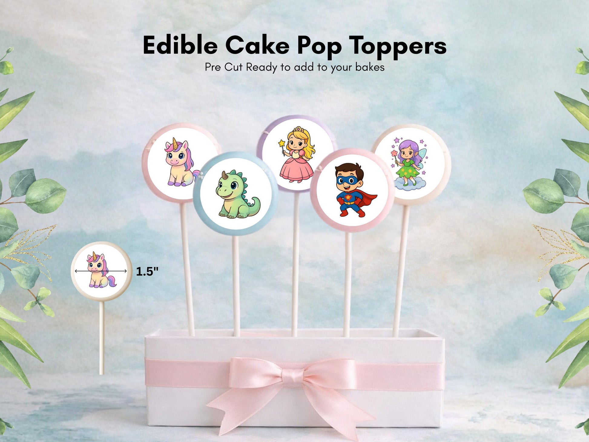 Unicorn Dinosaur Princess Superhero Edible Cake Pop Toppers, 20 x 1.5" Wafer Paper