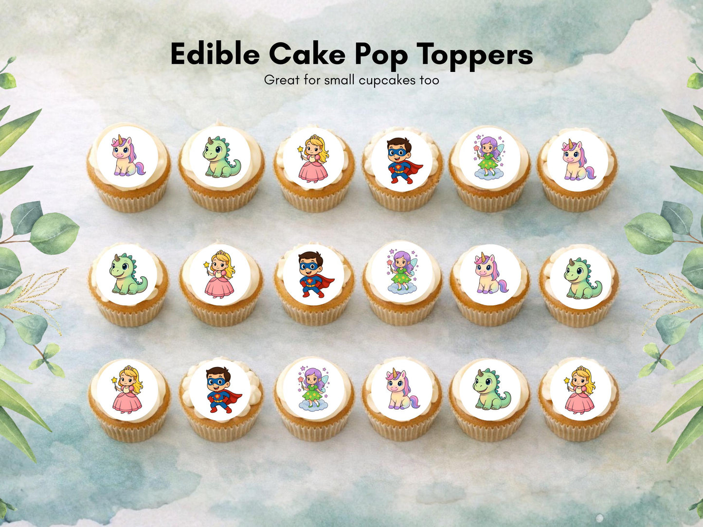 Unicorn Dinosaur Princess Superhero Edible Cake Pop Toppers, 20 x 1.5" Wafer Paper
