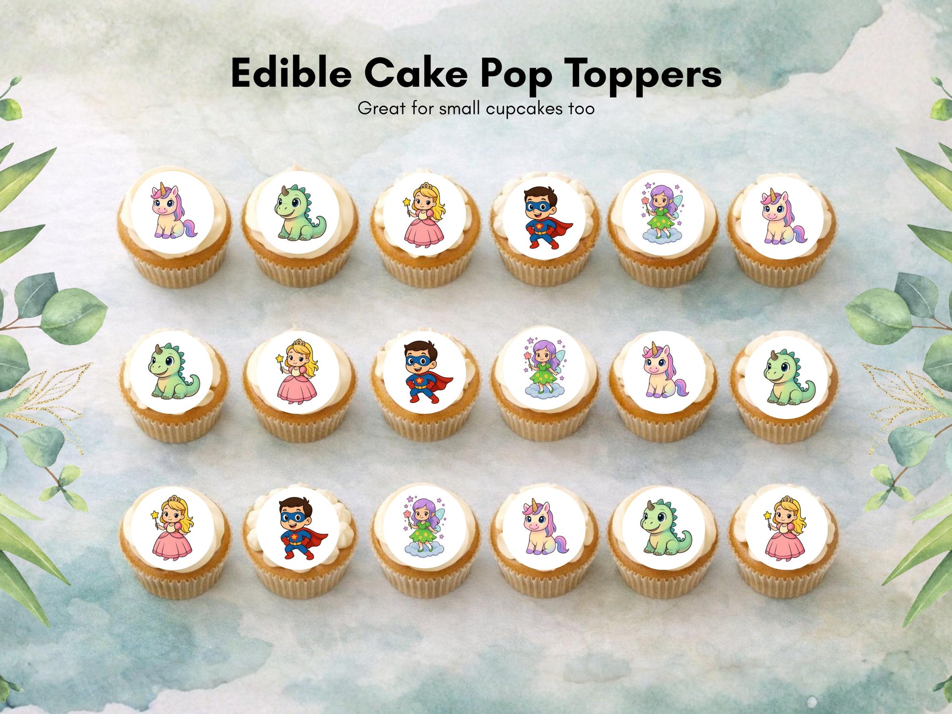 Unicorn Dinosaur Princess Superhero Edible Cake Pop Toppers, 20 x 1.5" Wafer Paper