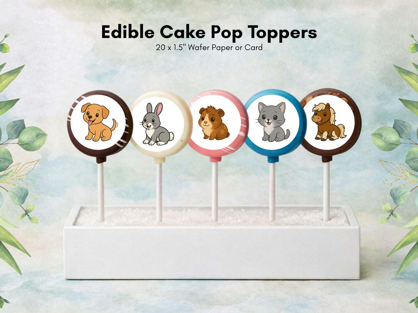 Pet Animal Edible Cake Pop Toppers: 20 x 1.5" Wafer Paper or Wafer Card