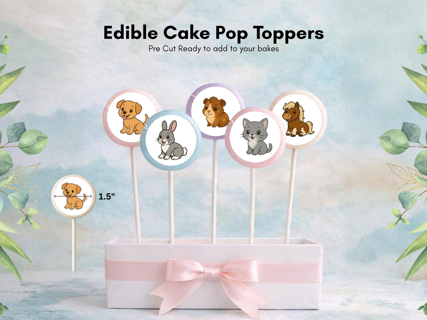 Pet Animal Edible Cake Pop Toppers: 20 x 1.5" Wafer Paper or Wafer Card