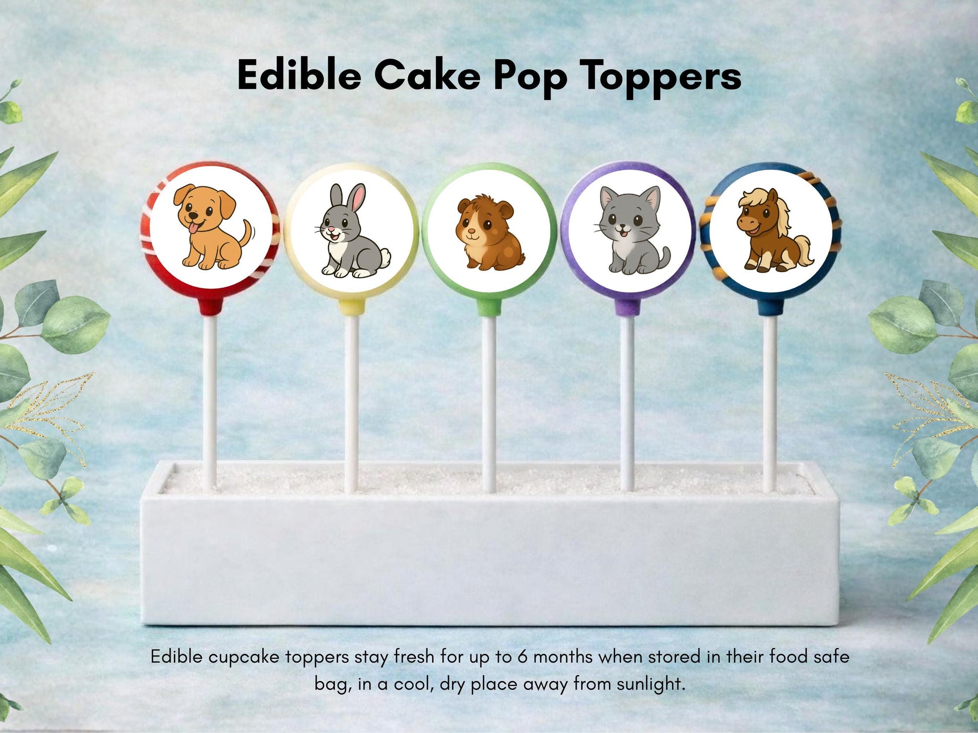 Pet Animal Edible Cake Pop Toppers: 20 x 1.5" Wafer Paper or Wafer Card