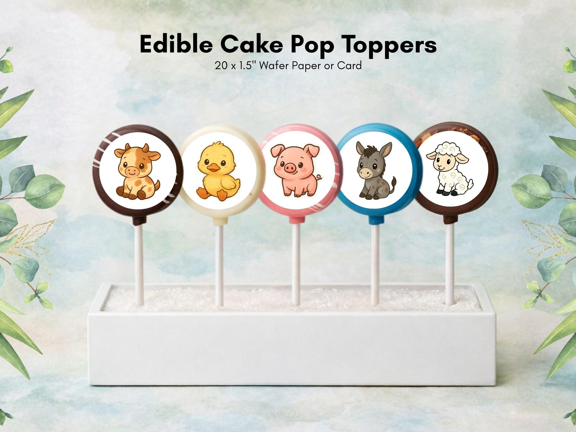 Farm Animal Edible Cake Pop Toppers: 20 x 1.5" Wafer Paper or Wafer Card