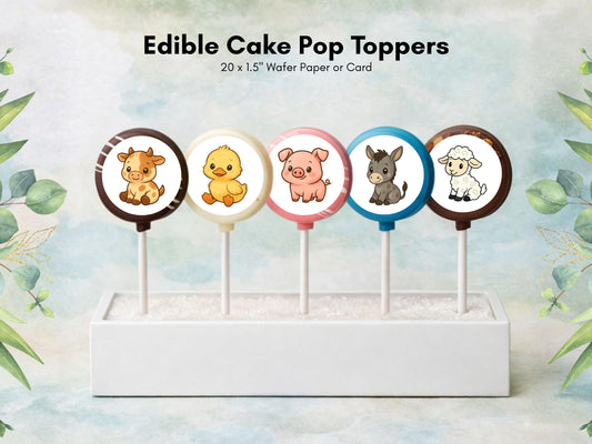 Farm Animal Edible Cake Pop Toppers: 20 x 1.5" Wafer Paper or Wafer Card