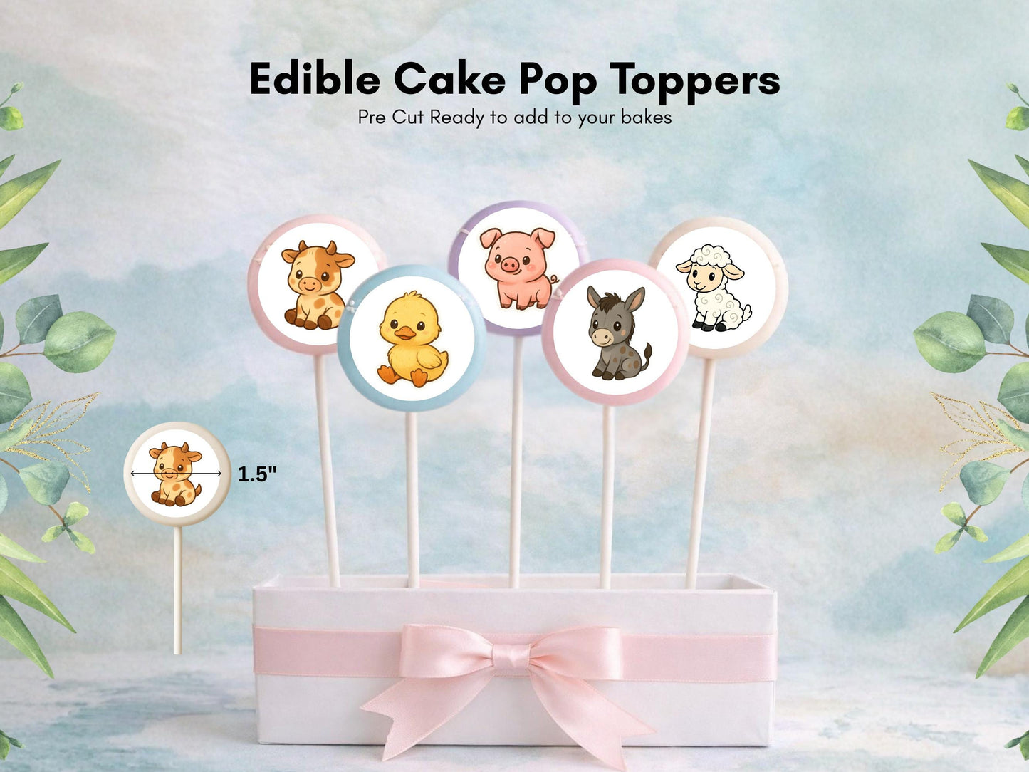 Farm Animal Edible Cake Pop Toppers: 20 x 1.5" Wafer Paper or Wafer Card