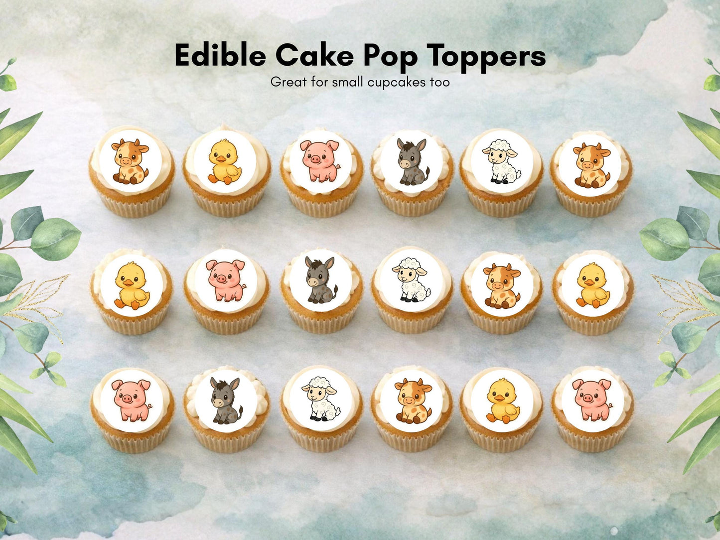 Farm Animal Edible Cake Pop Toppers: 20 x 1.5" Wafer Paper or Wafer Card