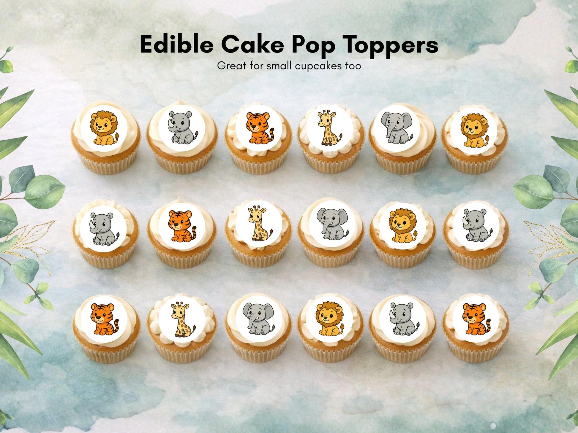 Zoo Animal Edible Cake Pop Toppers: 20 x 1.5" Wafer Paper or Wafer Card