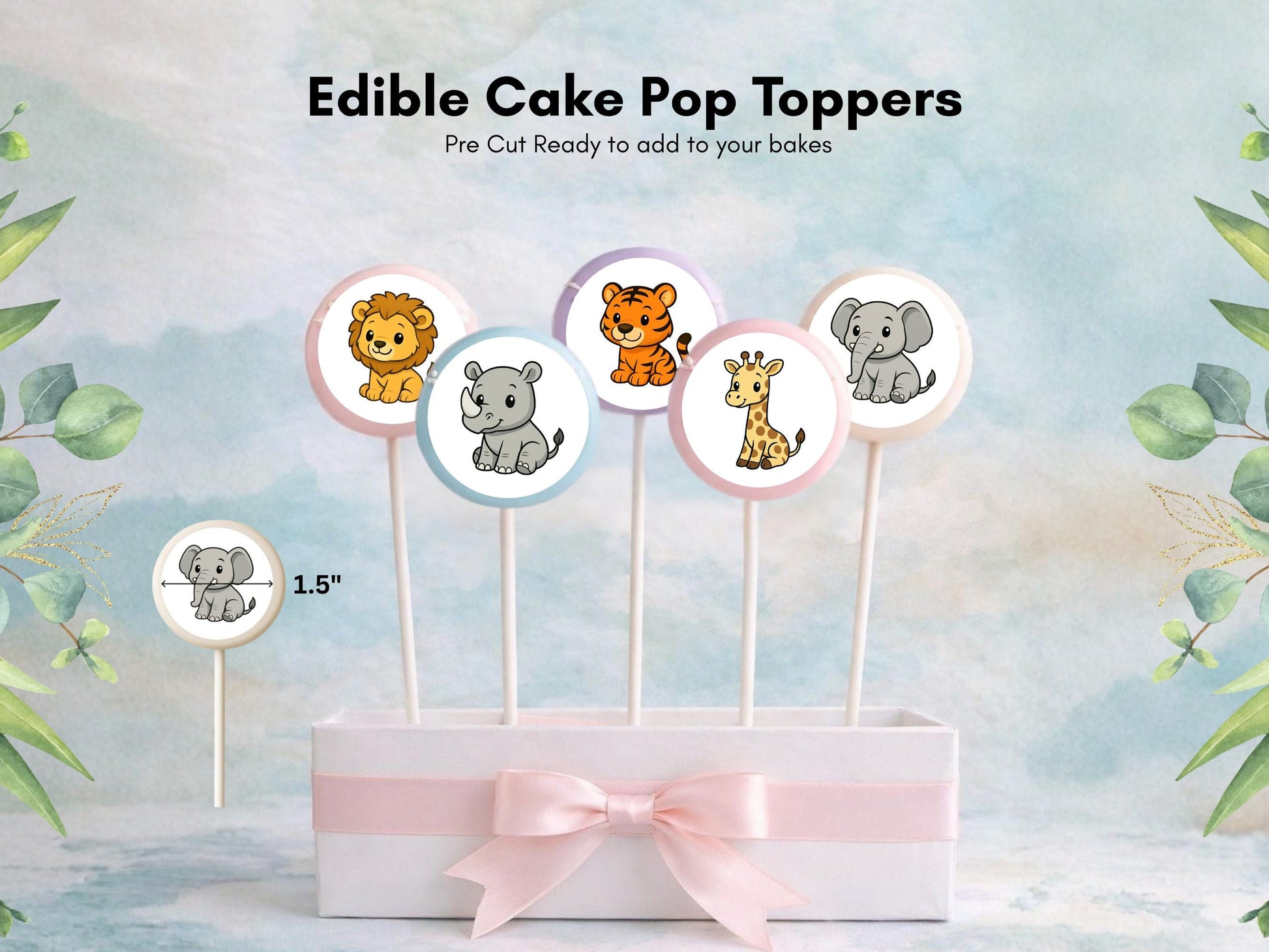 Zoo Animal Edible Cake Pop Toppers: 20 x 1.5" Wafer Paper or Wafer Card