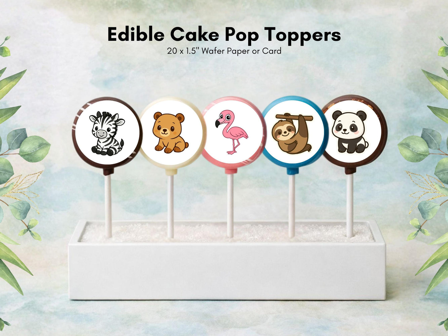 Zoo Animal Edible Cake Pop Toppers: 20 x 1.5" Wafer Paper or Wafer Card