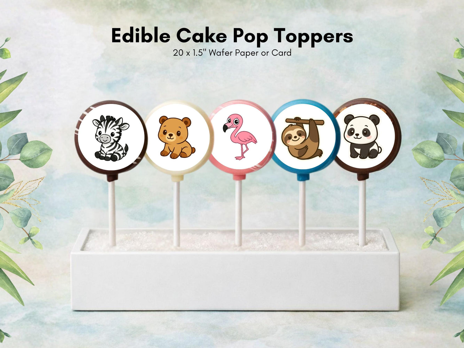 Zoo Animal Edible Cake Pop Toppers: 20 x 1.5" Wafer Paper or Wafer Card