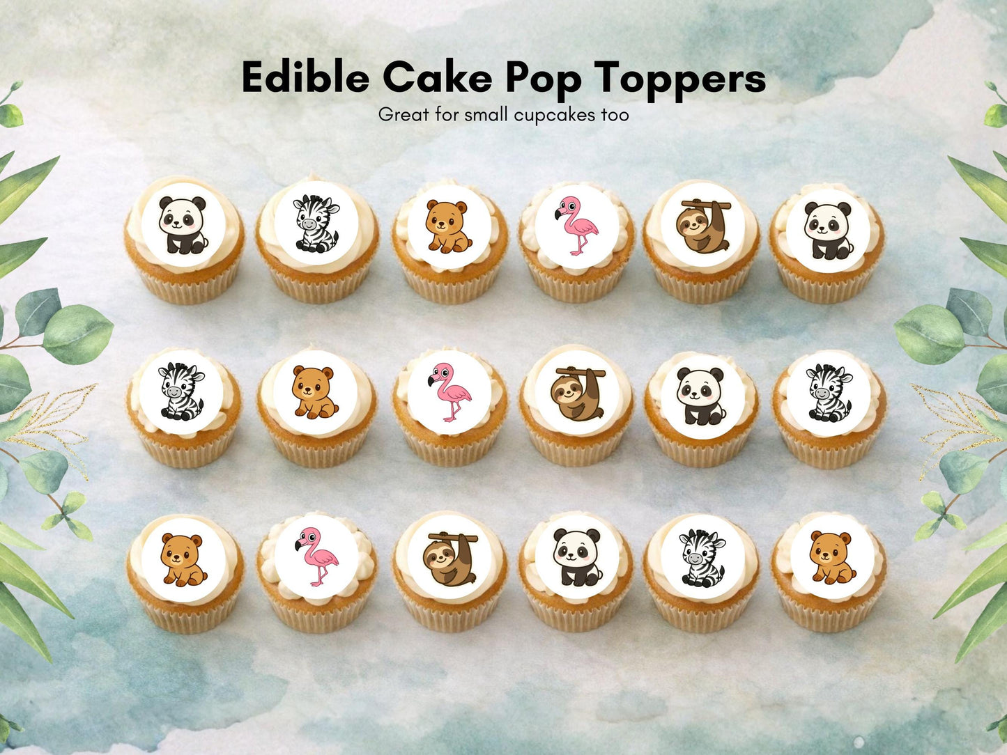Zoo Animal Edible Cake Pop Toppers: 20 x 1.5" Wafer Paper or Wafer Card