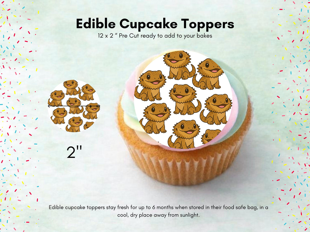 Bearded Dragon Edible Cupcake Toppers 12 x 2"– Lizard Birthday Cake Decoration