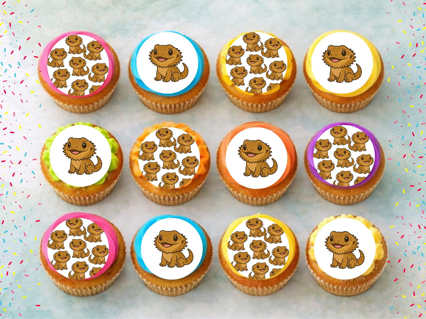 Bearded Dragon Edible Cupcake Toppers 12 x 2"– Lizard Birthday Cake Decoration