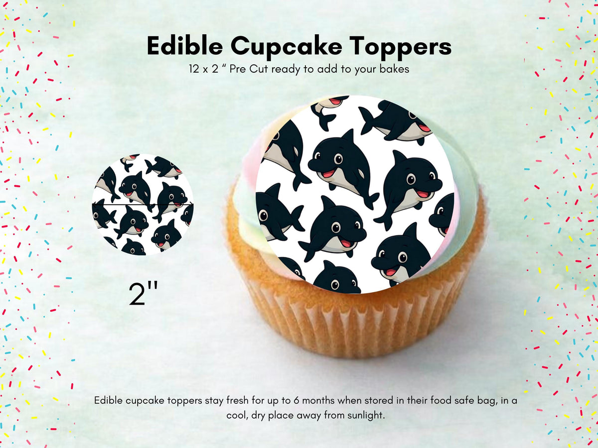 Cute Whale Edible Cupcake Toppers 12 x 2" Precut Wafer Paper, Card or Icing Sheet