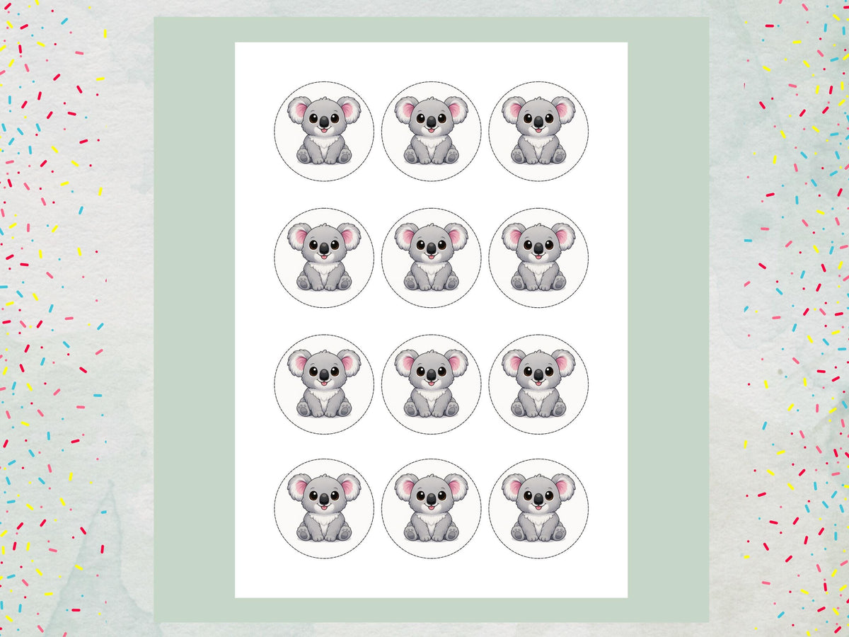 Cute Koala Edible Cupcake Toppers 12 x 2" Precut Wafer Paper, Card or Icing Sheet