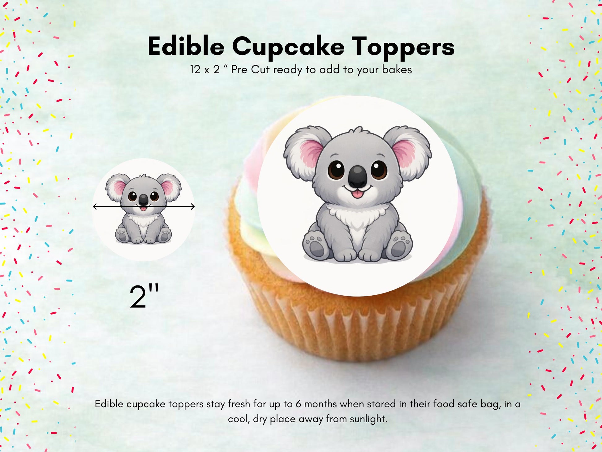 Cute Koala Edible Cupcake Toppers 12 x 2" Precut Wafer Paper, Card or Icing Sheet