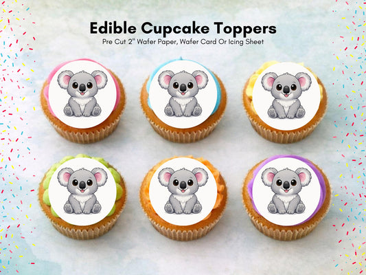 Cute Koala Edible Cupcake Toppers 12 x 2" Precut Wafer Paper, Card or Icing Sheet
