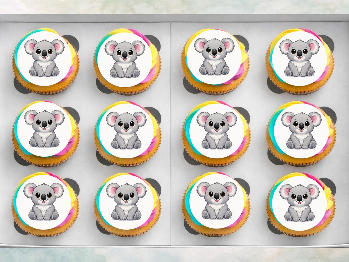 Cute Koala Edible Cupcake Toppers 12 x 2" Precut Wafer Paper, Card or Icing Sheet