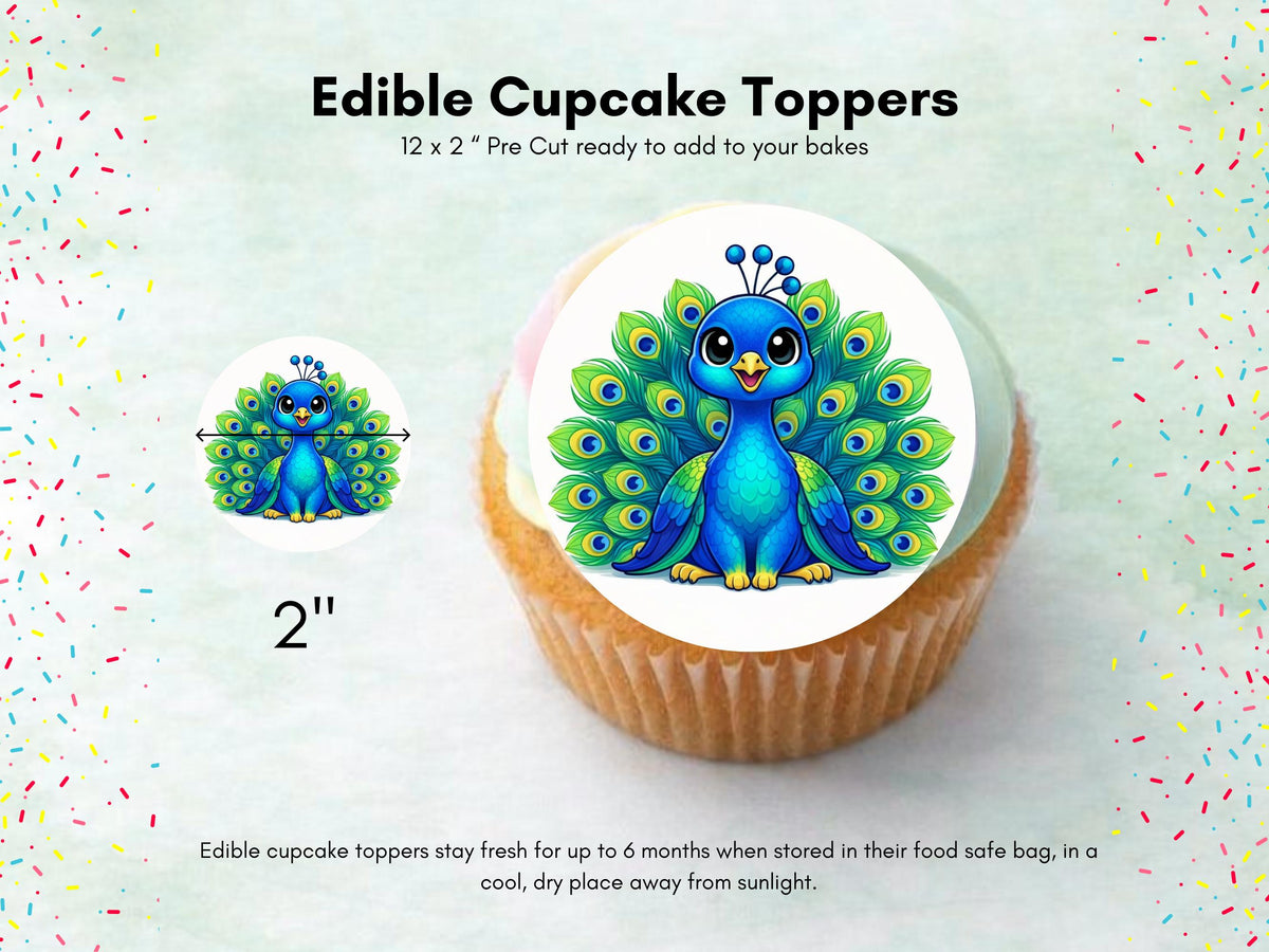Peacock Edible Cupcake Toppers 12 x 2"– Birthday Cake Decoration