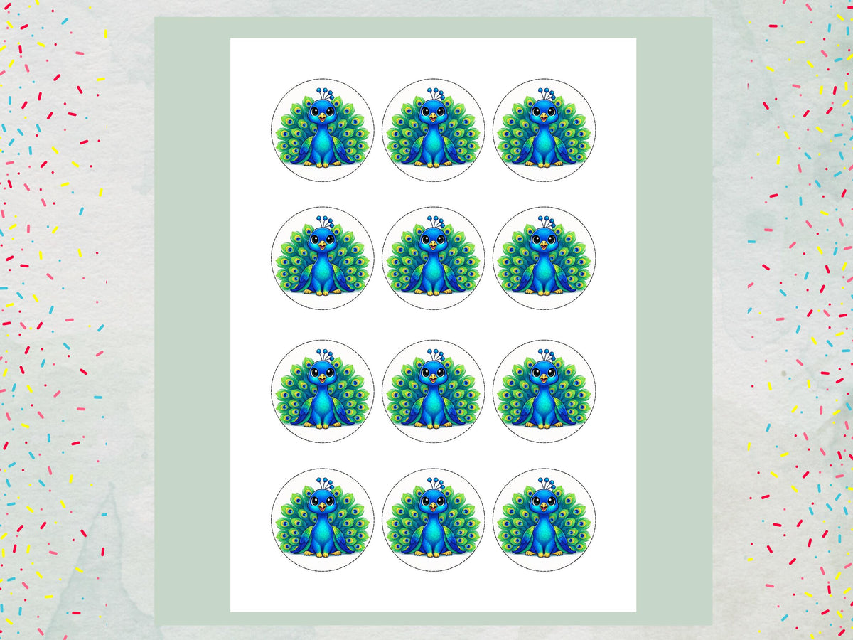 Peacock Edible Cupcake Toppers 12 x 2"– Birthday Cake Decoration