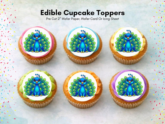 Peacock Edible Cupcake Toppers 12 x 2"– Birthday Cake Decoration