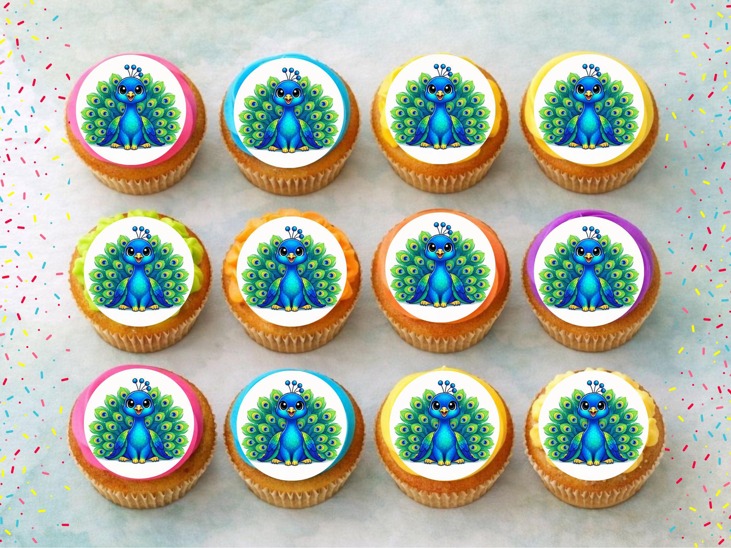 Peacock Edible Cupcake Toppers 12 x 2"– Birthday Cake Decoration