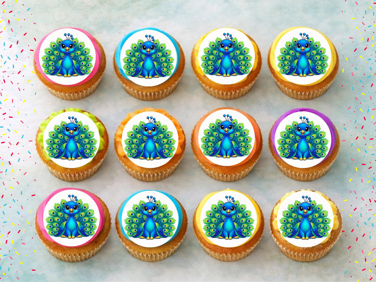 Peacock Edible Cupcake Toppers 12 x 2"– Birthday Cake Decoration
